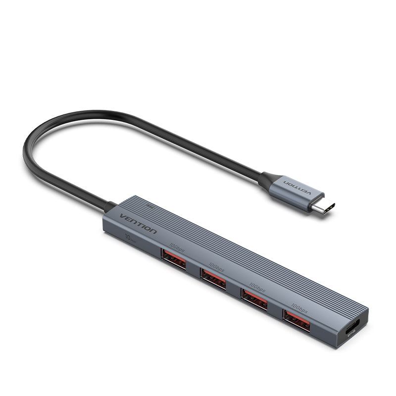 Mini concentrador USB-C a USB 3.2 Gen 2 tipo A x 4 con puerto de fuente de alimentación USB-C Tipo de aleación de aluminio gris de 0,15/0,25 M 