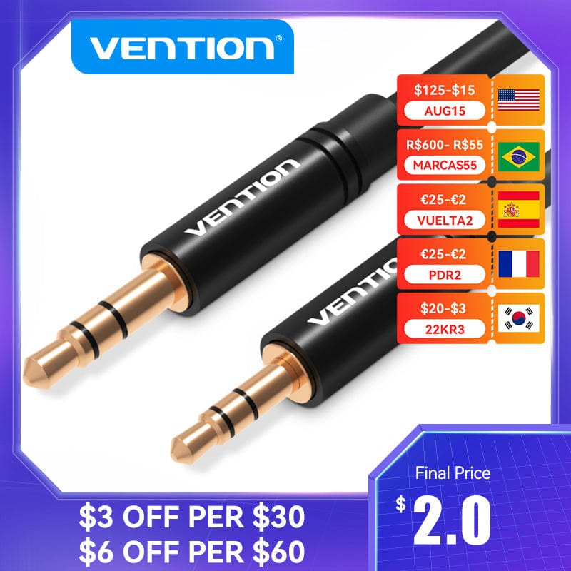 VENTION 速卖通 3.5 to 2.5 Aux Cable Jack 3.5 mm to Jack 2.5 mm Audio Cable Jack 3.5 for Headphone Aux Speaker Connector Cord 2.5 to 3.5