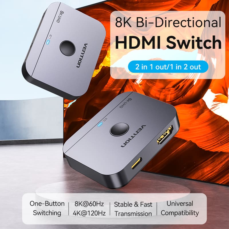 Vention 2-Port Bi-Directional 8K HDMI Switcher Gray Aluminium Alloy Type