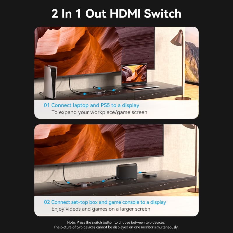 Vention 2-Port Bi-Directional 8K HDMI Switcher Gray Aluminium Alloy Type
