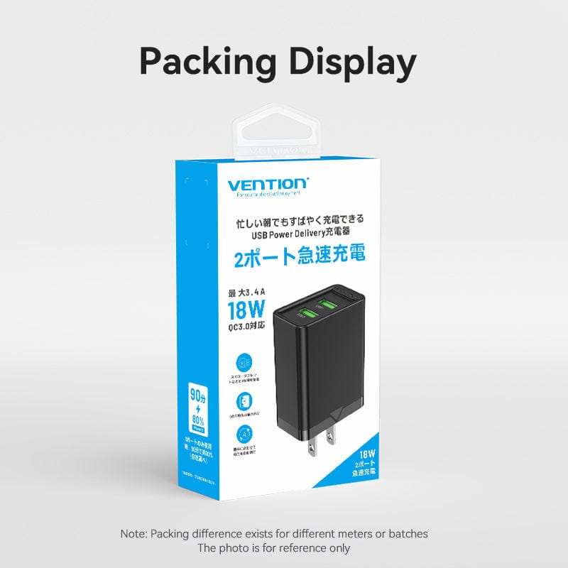 VENTION 2-Port USB(A+A) Wall Charger (18W/18W) JP-Plug