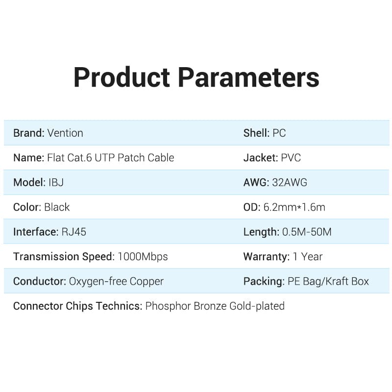 Vention Flat Cat.6 UTP Patch Cable 30M/35M/40M/45M/50M Black
