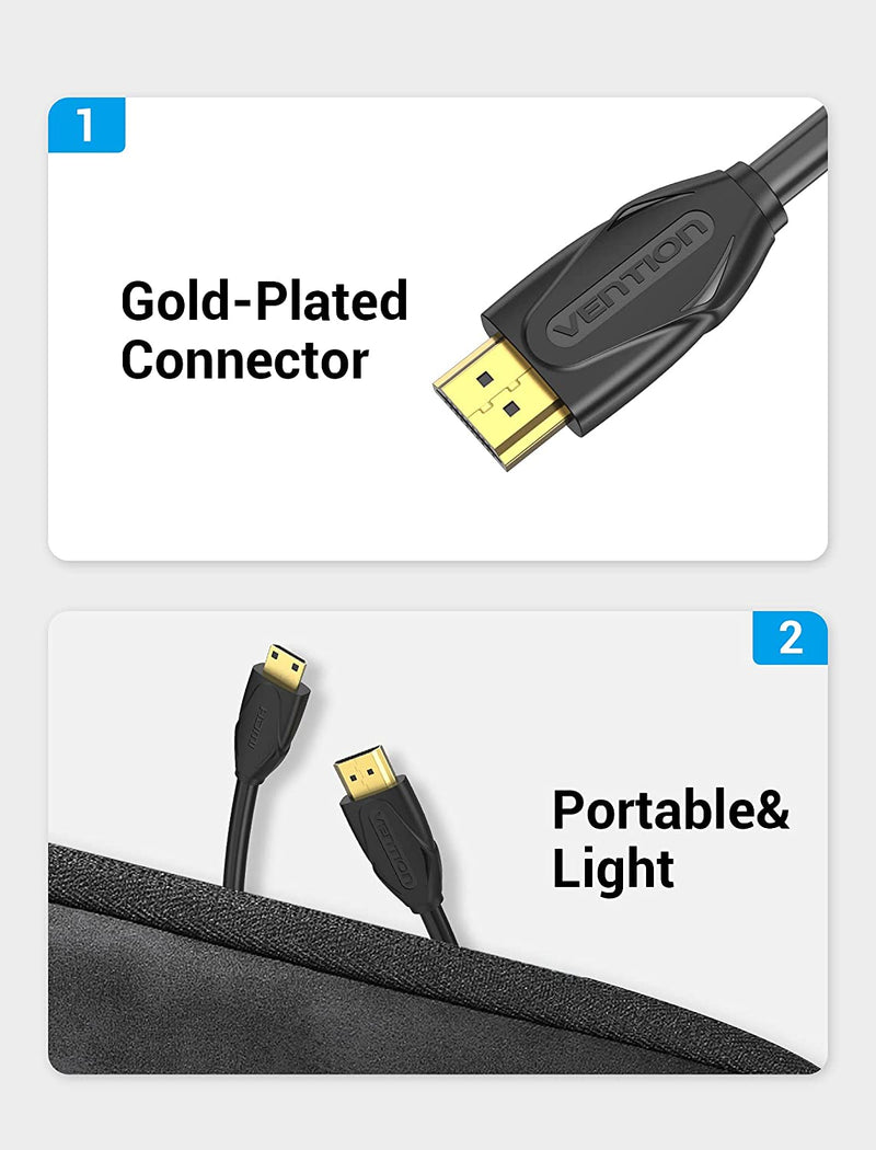 VENTION Mini HDMI Cable suitable for HDTVs, TVs, digital cameras, SLR cameras, camcorders, graphics cards, tablets, monitors and other HDMI-enabled devices.