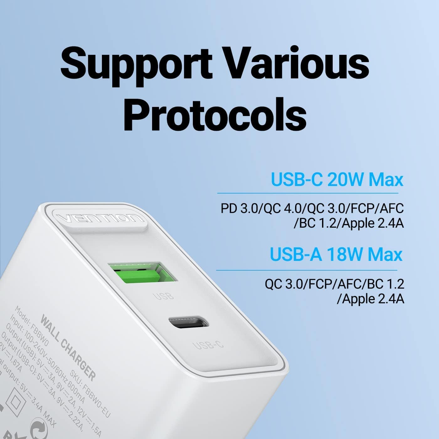 VENTION Two-Port  USB(A+C) Wall Charger (18W/20W) EU-Plug White