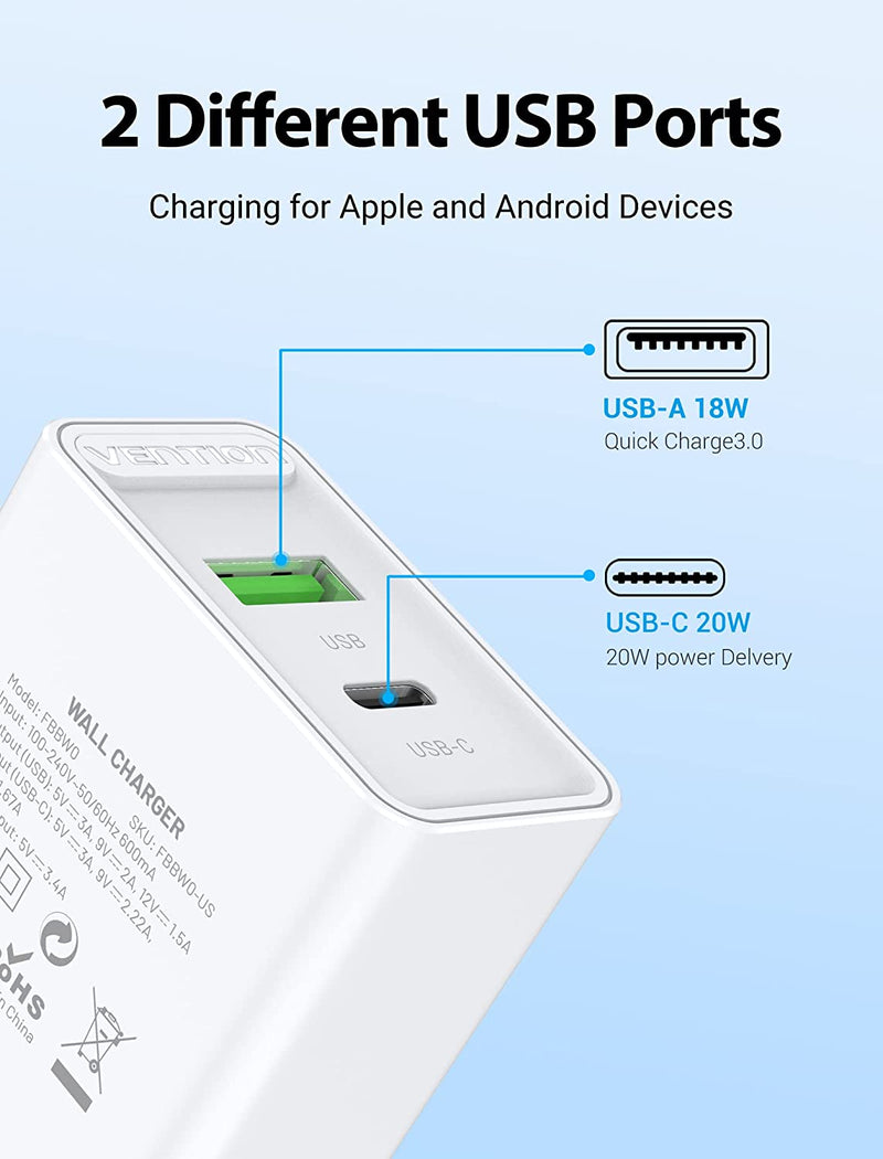 VENTION Two-Port  USB(A+C) Wall Charger (18W/20W) US-Plug White/Black