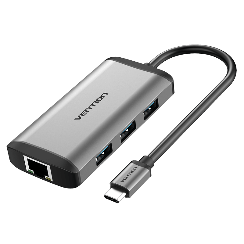 VENTION Type-C to HDMI/USB3.0*3/RJ45/PD Converter 0.15M Gray Metal Type