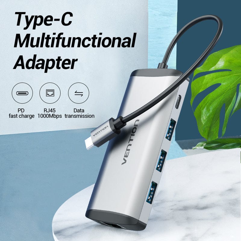 Vention Type-C to USB 3.0*3/Gigabit Ethernet/PD Hub 0.15M Gray Metal Type