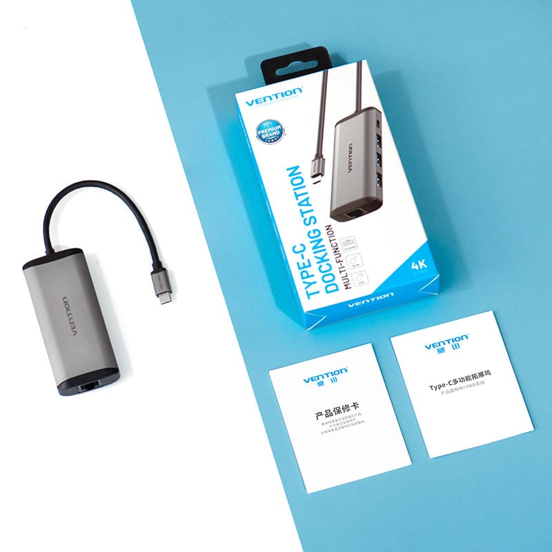 Vention Type-C to USB 3.0*3/Gigabit Ethernet/PD Hub 0.15M Gray Metal Type