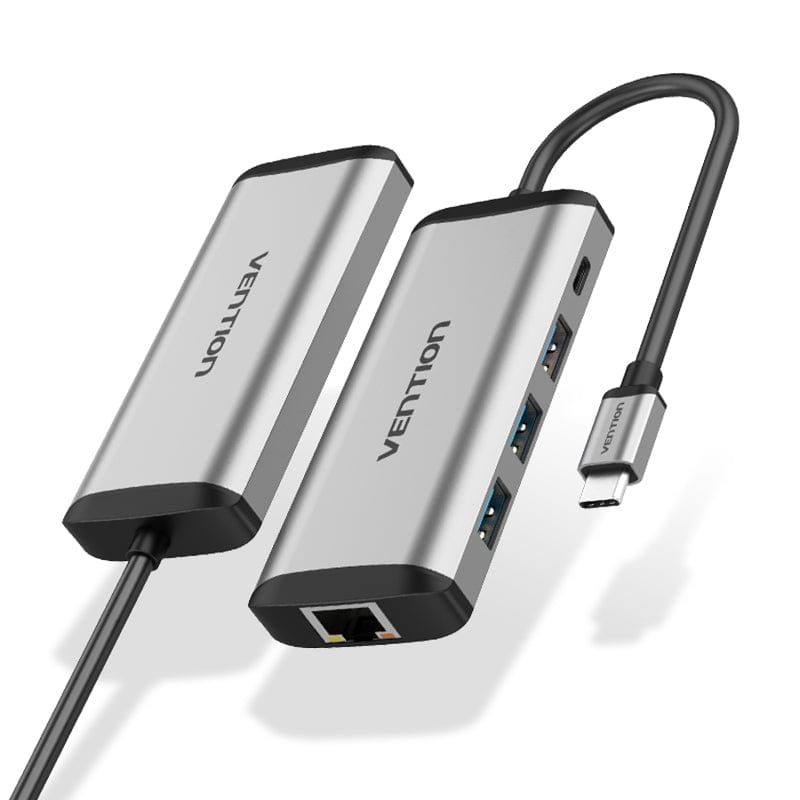 Vention Type-C to USB 3.0*3/Gigabit Ethernet/PD Hub 0.15M Gray Metal Type