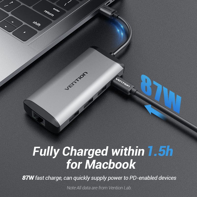 Vention Type-C to USB 3.0*3/Gigabit Ethernet/PD Hub 0.15M Gray Metal Type