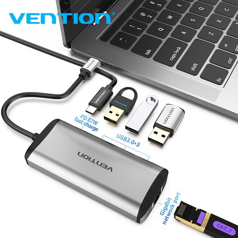 Vention Type-C to USB 3.0*3/Gigabit Ethernet/PD Hub 0.15M Gray Metal Type