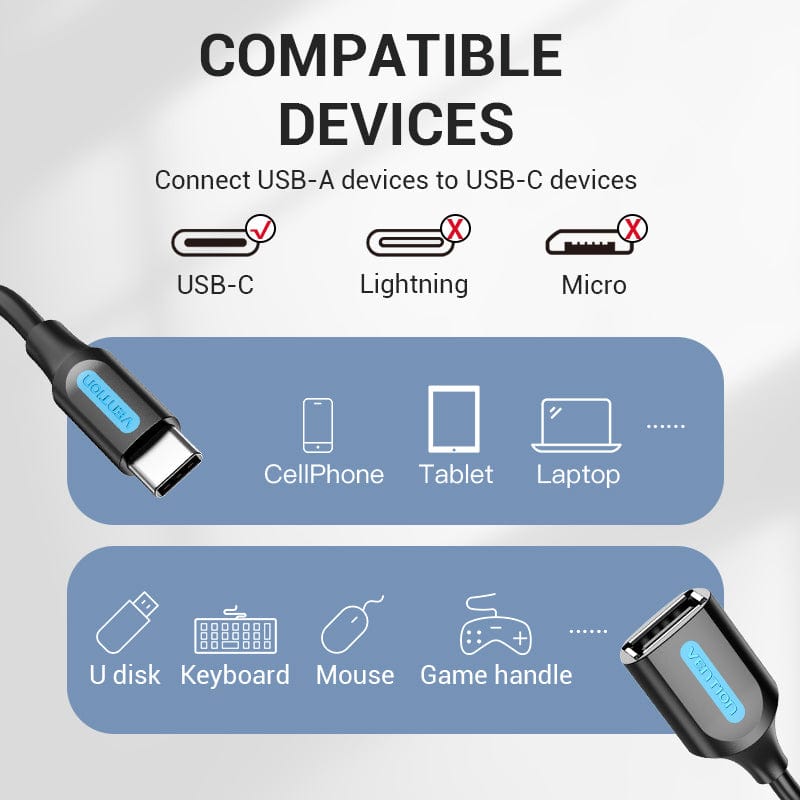 VENTION USB 2.0 C Male to A Female OTG cable 0.15M Black PVC Type