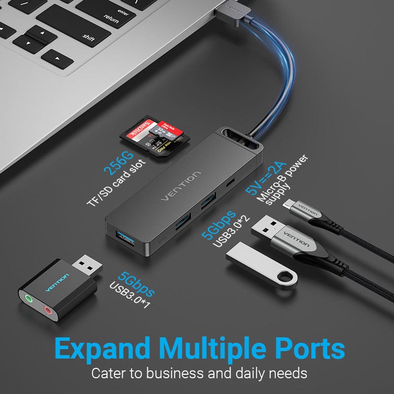 Vention USB 3.0 to USB 3.0*3/TF/SD/Micro-B HUB 0.15M Black ABS Type