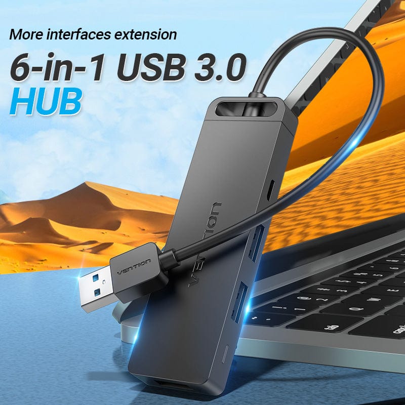 Vention USB 3.0 to USB 3.0*3/TF/SD/Micro-B HUB 0.15M Black ABS Type