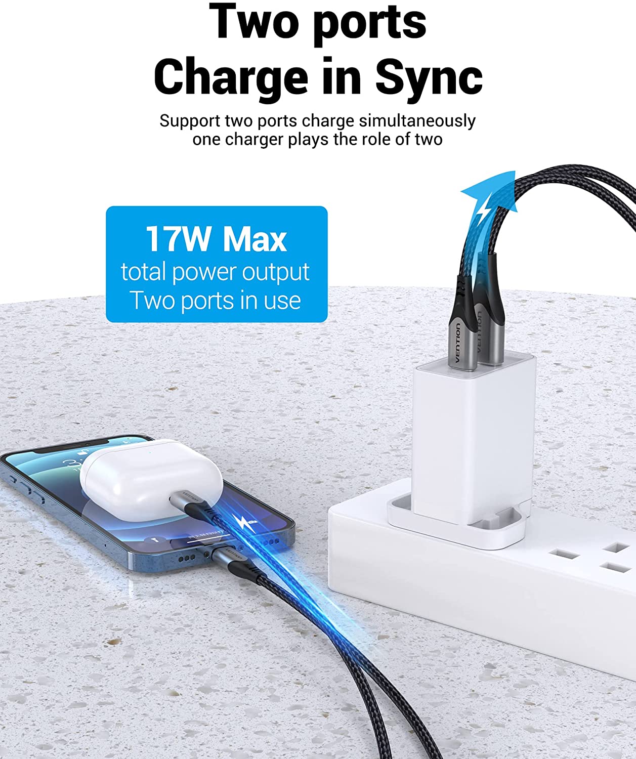 VENTION USB A+C Two-Port  USB(A+C) Wall Charger (18W/20W) UK-Plug White