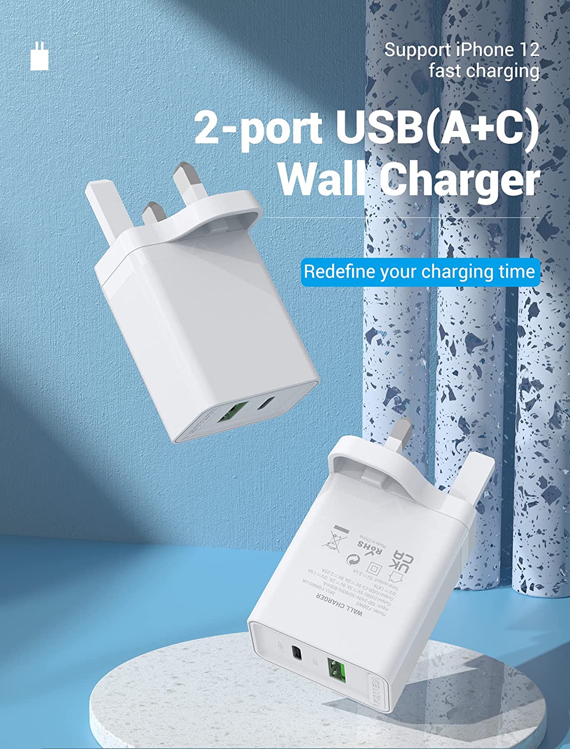 VENTION USB A+C Two-Port  USB(A+C) Wall Charger (18W/20W) UK-Plug White