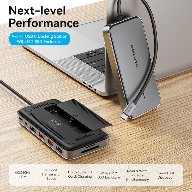 VENTION USB-C to HDMI/USB 3.1 Gen 2-Ax2/USB 2.0/M.2 NGFF/SD/TF/PD/DC 3.5mm SSD Enclosure Docking Station 0.15M Gray Aluminum Alloy Type