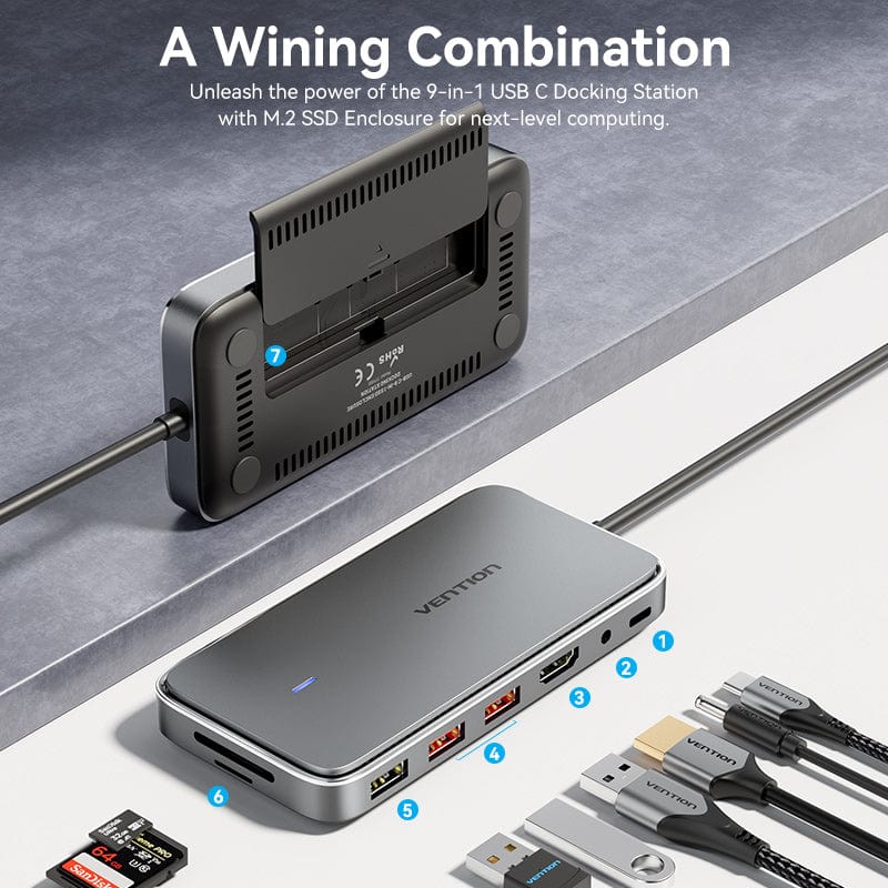 VENTION USB-C to HDMI/USB 3.1 Gen 2-Ax2/USB 2.0/M.2 NGFF/SD/TF/PD/DC 3.5mm SSD Enclosure Docking Station 0.15M Gray Aluminum Alloy Type