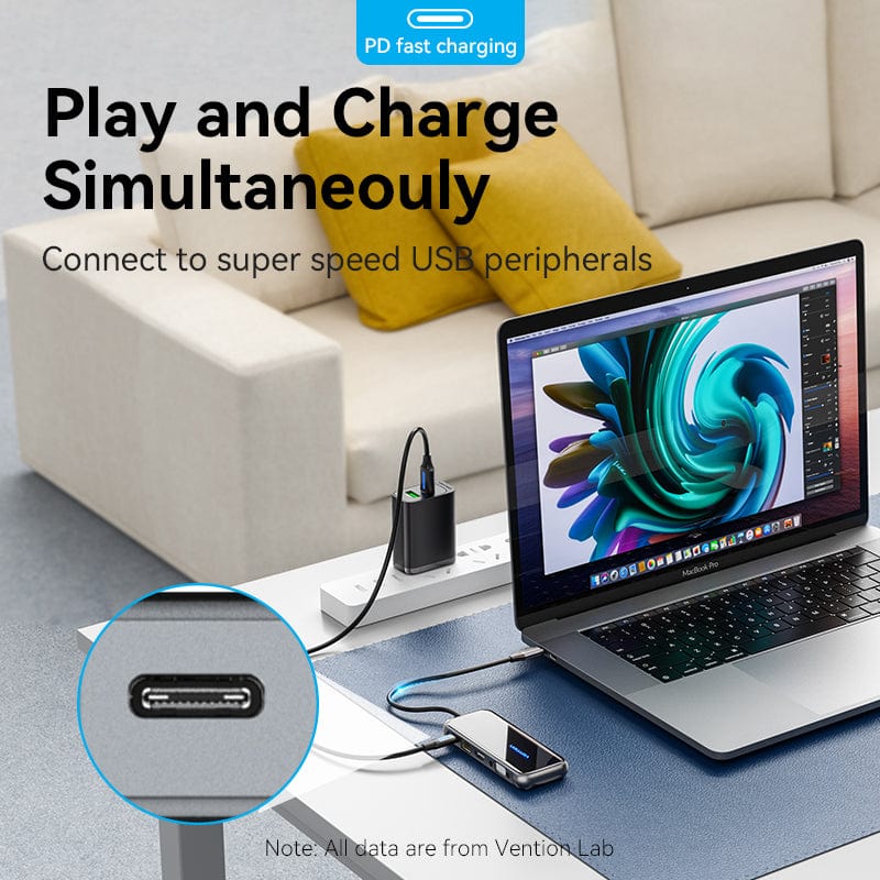 VENTION USB-C to HDMI/VGA/USB 3.0x3/RJ45/PD Docking Station 0.15M Gray Mirrored Surface Type