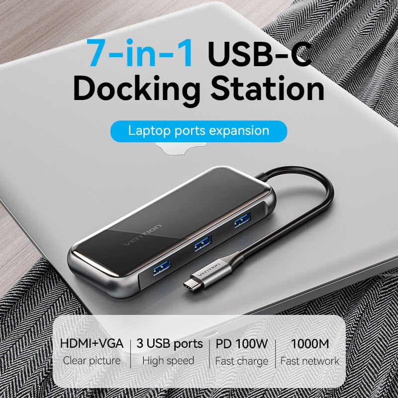VENTION USB-C to HDMI/VGA/USB 3.0x3/RJ45/PD Docking Station 0.15M Gray Mirrored Surface Type