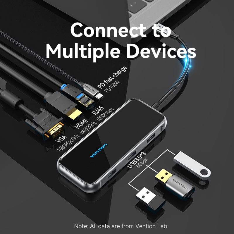 VENTION USB-C to HDMI/VGA/USB 3.0x3/RJ45/PD Docking Station 0.15M Gray Mirrored Surface Type